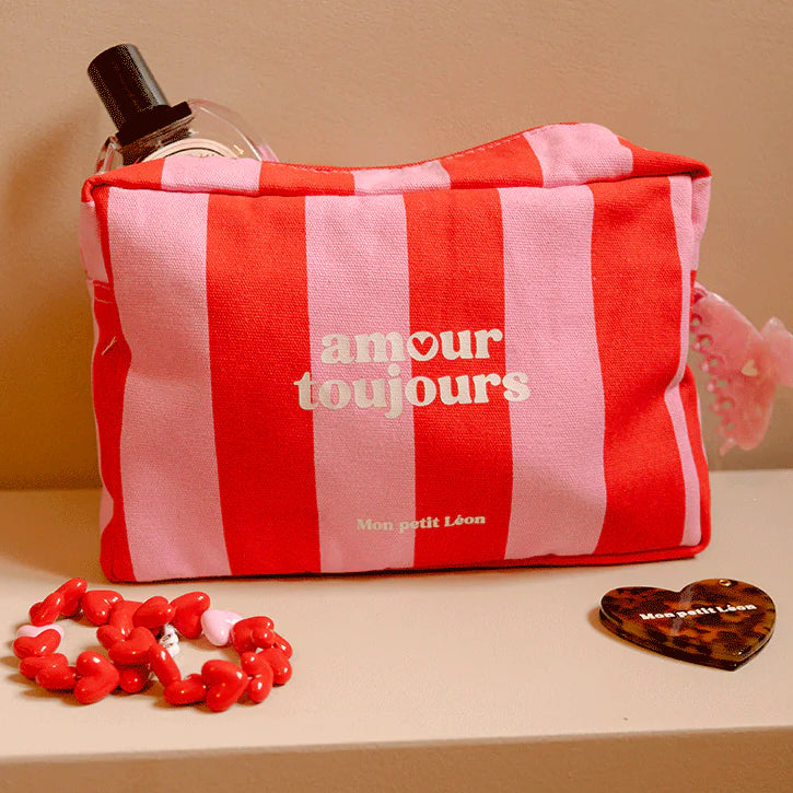 Trousse de toilette coton - Rayures rose et rouge, Amour toujours