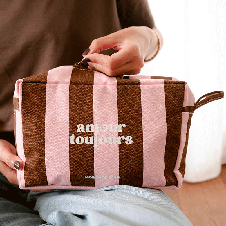 Trousse de toilette coton - Rayures marrons et roses, Amour toujours