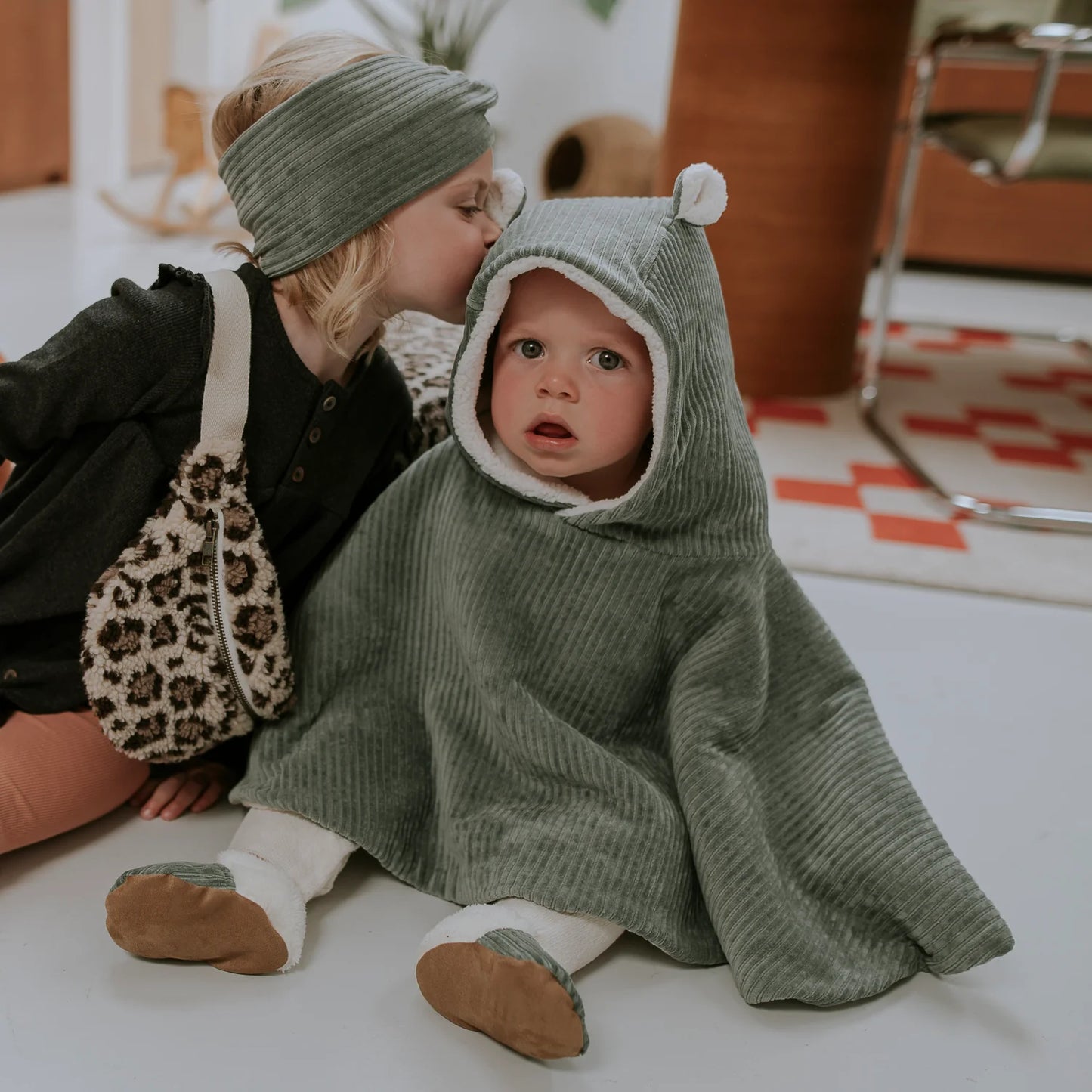 Poncho bébé velours - Kaki