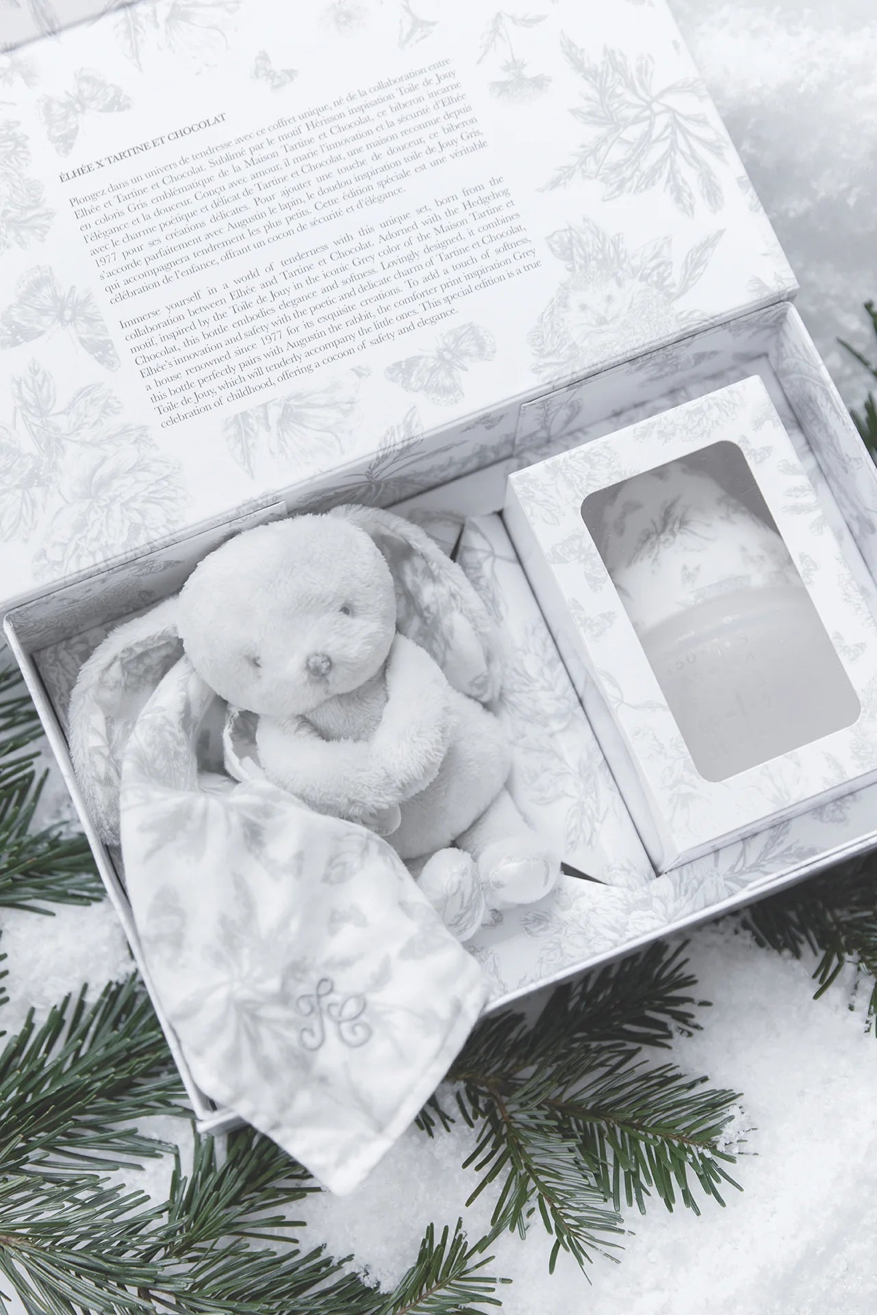 Coffret biberon et doudou - Toile de jouy gris Élhée x Tartine et Chocolat