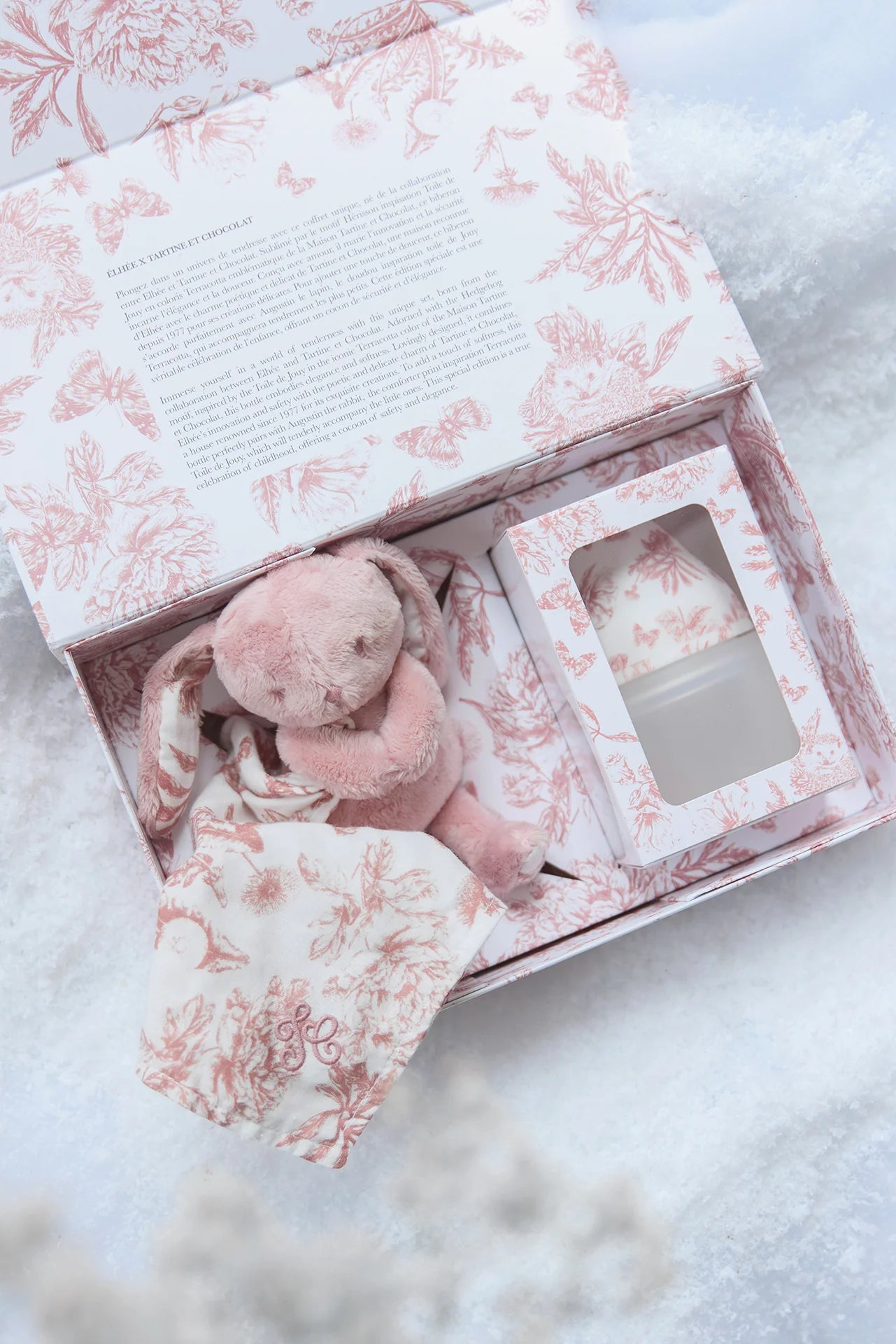 Coffret biberon et doudou - Toile de jouy rose Élhée x Tartine et Chocolat
